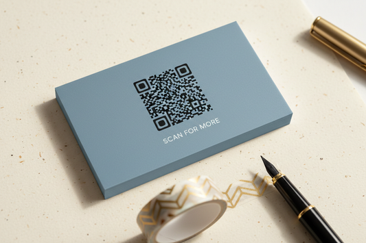 Satin QR code business cards on cream paper