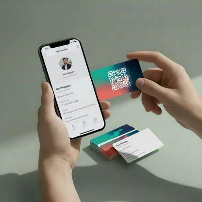 QR Code Card in Hand with Contact on Phone